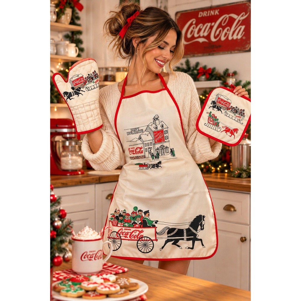 Vintage 90s Coca Cola Christmas Apron Oven Mitt Pot Holder Set Made USA